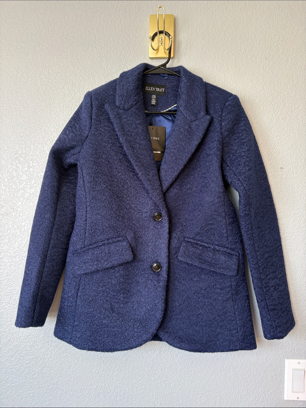 Ellen Tracy Dark Navy Textured Wool-Blend Blazer